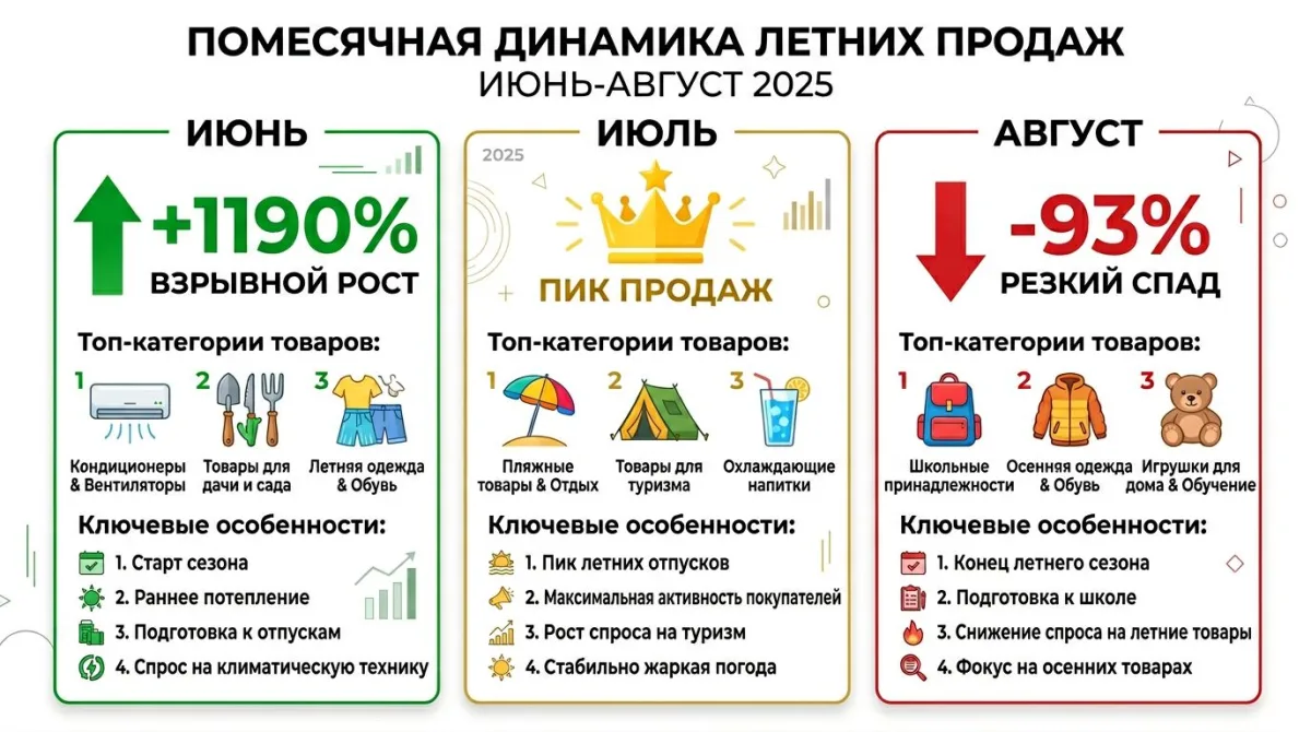 Помесячная динамика летних продаж на маркетплейсах: от роста +1190% в июне до спада -93% в августе 2025