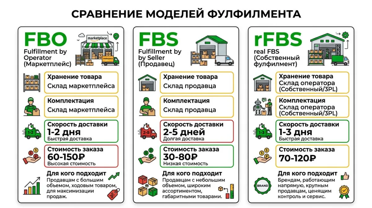 Сравнение трех моделей фулфилмента: FBO, FBS, rFBS - скорость, стоимость, контроль