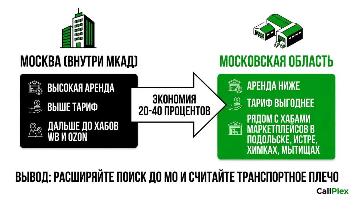 Сравнение склада в Москве и Московской области тарифы и транспортное плечо