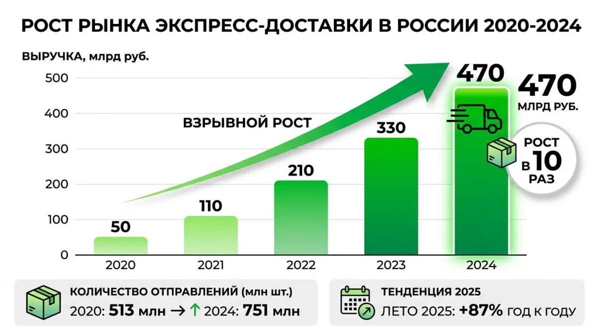 Рост рынка экспресс-доставки России: с 50 млрд в 2020 до 470 млрд руб в 2024 году (10x рост)