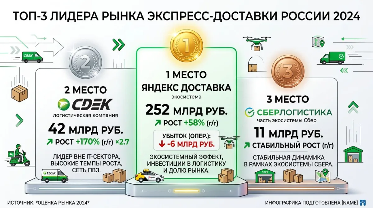 Топ-3 лидера экспресс-доставки России: Яндекс 252 млрд, СДЭК 42 млрд, СберЛогистика 11 млрд