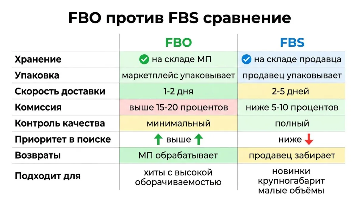 Сравнение FBO vs FBS: комиссия, скорость доставки, контроль, приоритет в поиске Wildberries Ozon