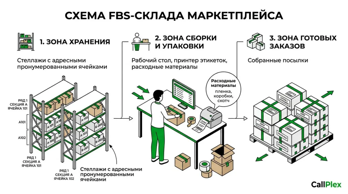 Три зоны FBS-склада: хранение, сборка и упаковка, готовые заказы