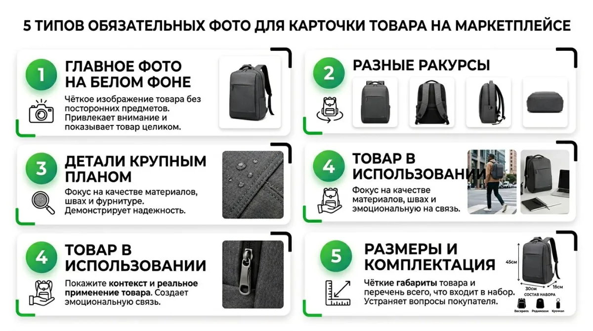 5 типов обязательных фото для карточки: главное на белом фоне, ракурсы, детали, в использовании, размеры