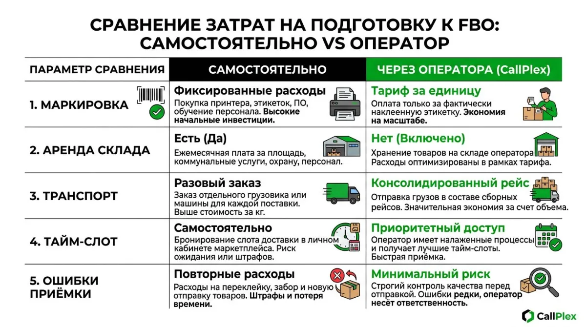 Сравнение затрат на FBO: самостоятельно vs через оператора