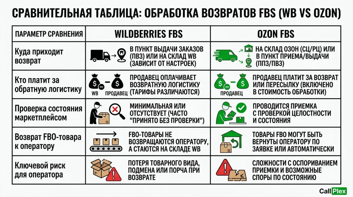 Сравнение обработки возвратов FBS на Вайлдберриз и Озон