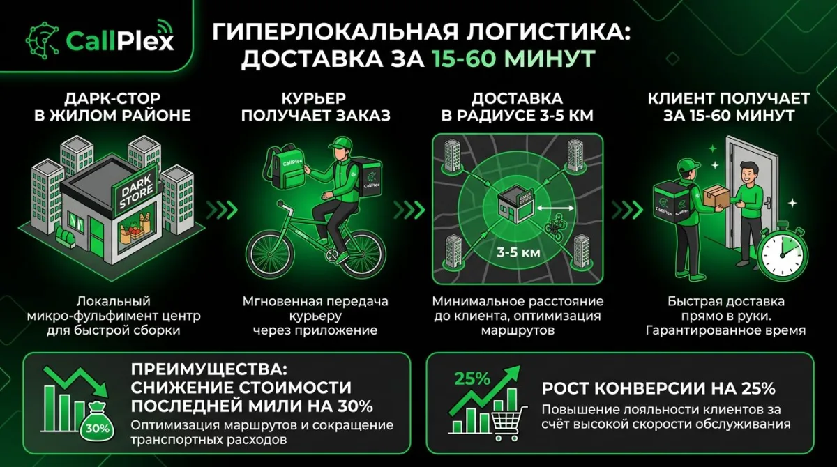 Сравнение традиционной (1-3 дня, last-mile 53%) и гипер-локальной логистики (1-2 часа, радиус 3-5 км, экономия 40-60%)
