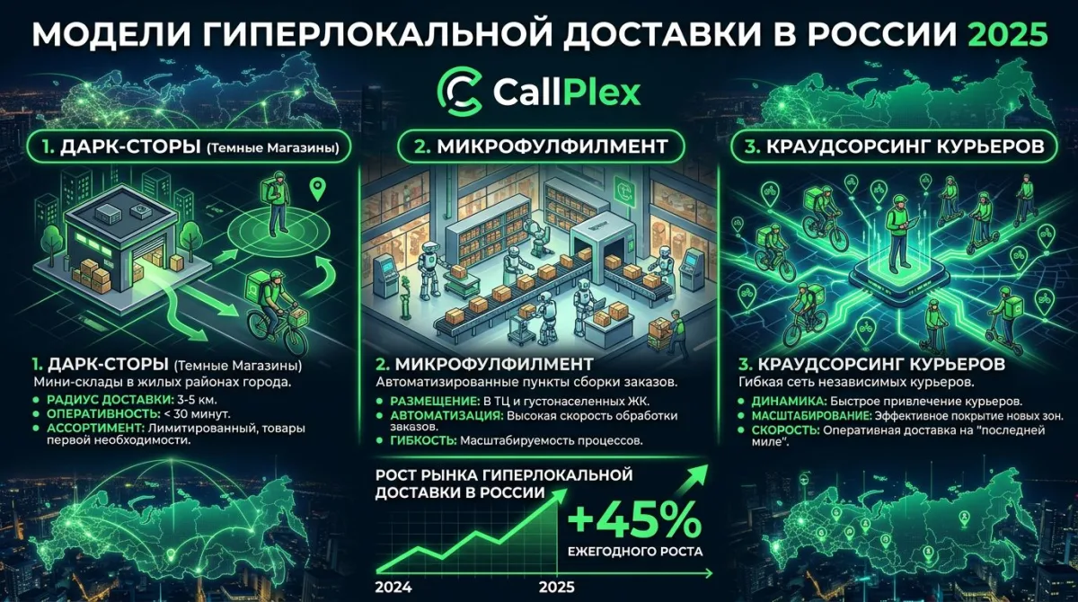 Схема сети микро-фулфилмент центров: радиус покрытия 3-5 км, производительность 1000 заказов/час, доставка 1-2 часа
