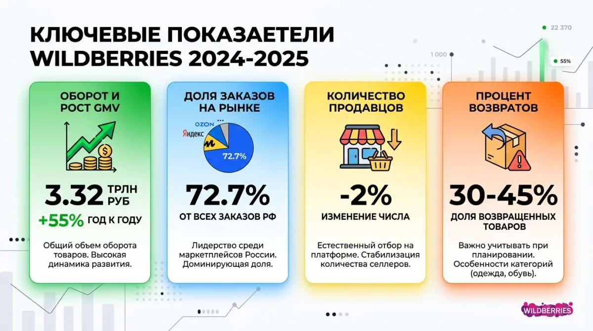 Ключевые показатели Wildberries 2024: оборот 3.32 трлн (+55%), доля 72.7%, возвраты 30-45%