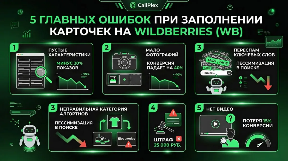 Требования к карточке WB: название 40-60 символов, описание 1000-5000 символов по категориям, фото минимум 900×1200 px