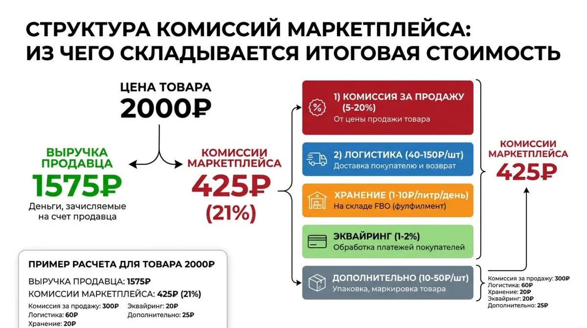 Структура комиссий маркетплейса: продажа 5-20%, логистика, хранение, эквайринг, упаковка - итого до 21%