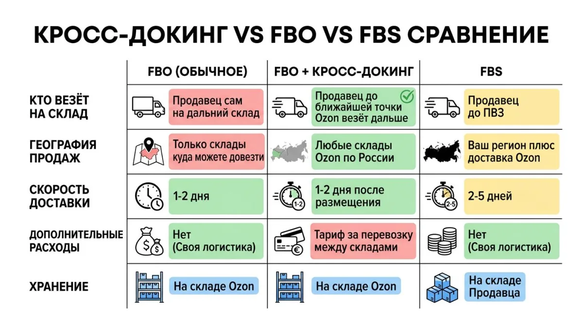 Сравнение FBO с кросс-докингом vs обычное FBO vs FBS: география продаж, стоимость, скорость доставки на Ozon