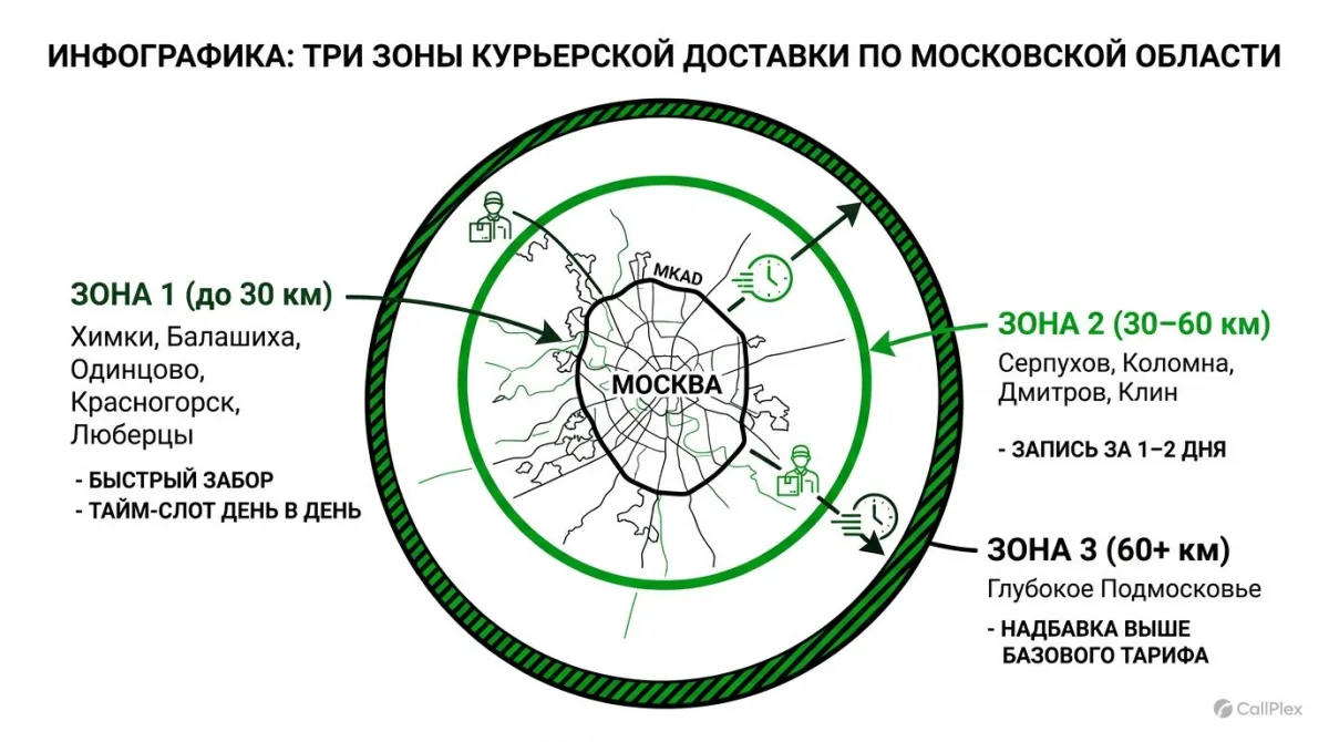 Три зоны курьерской доставки по Московской области от МКАД 2026