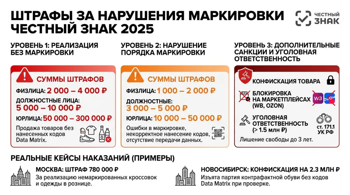 Штрафы за нарушения маркировки Честный ЗНАК: до 300000₽ для юрлиц, конфискация товара, блокировка на маркетплейсах