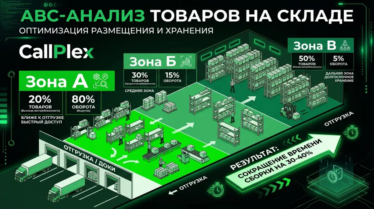 ABC-анализ склада: зона A (20% товаров, 80% оборота) ближе к отгрузке, сокращение времени на 30-40%
