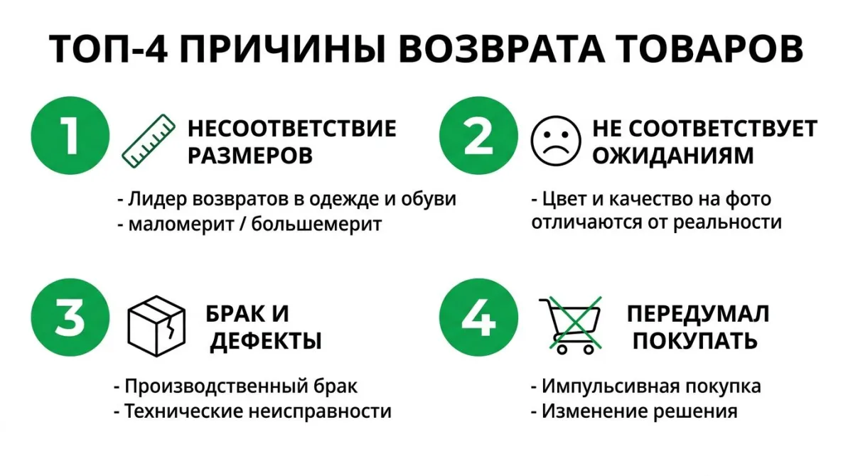 Топ-4 причины возврата товаров на маркетплейсах: несоответствие размеров, не соответствует ожиданиям, брак и дефекты, передумал покупать