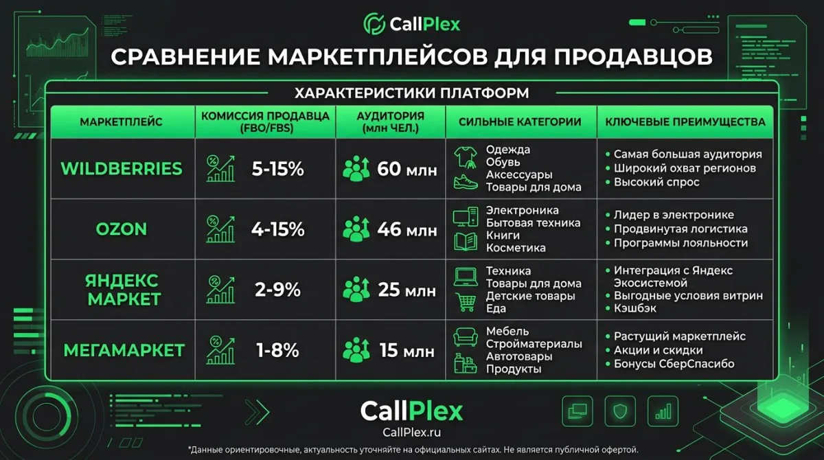 Доля рынка маркетплейсов России 2024-2025: топ-2 (WB+Ozon) 56,7%, топ-4 контролируют 81%, объём 11,3 трлн руб.
