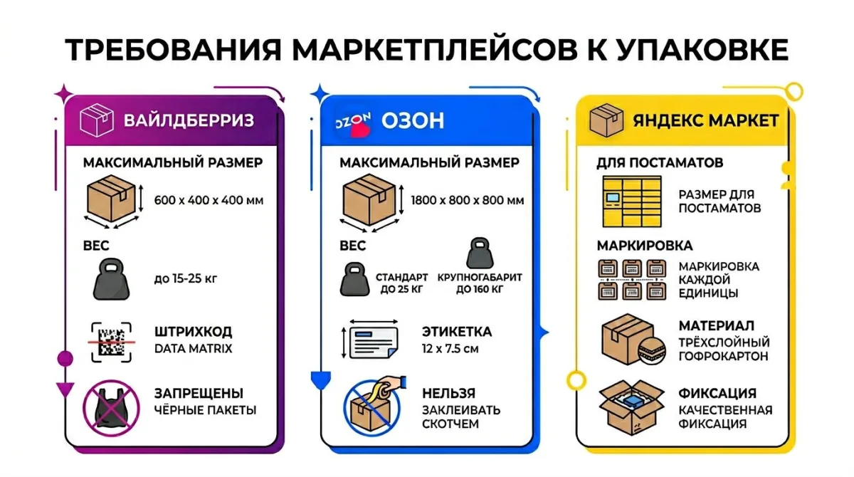 Сравнение требований к упаковке: WB (600×400×400 мм, до 25 кг), Ozon (1800×800×800 мм, этикетка 12×7,5 см), ЯМ (трёхслойный картон)
