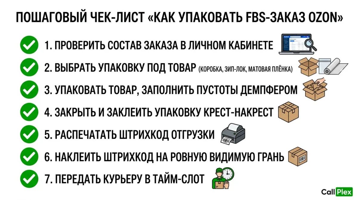 Пошаговый чек-лист упаковки FBS-заказа Ozon: 7 шагов от сборки до передачи курьеру