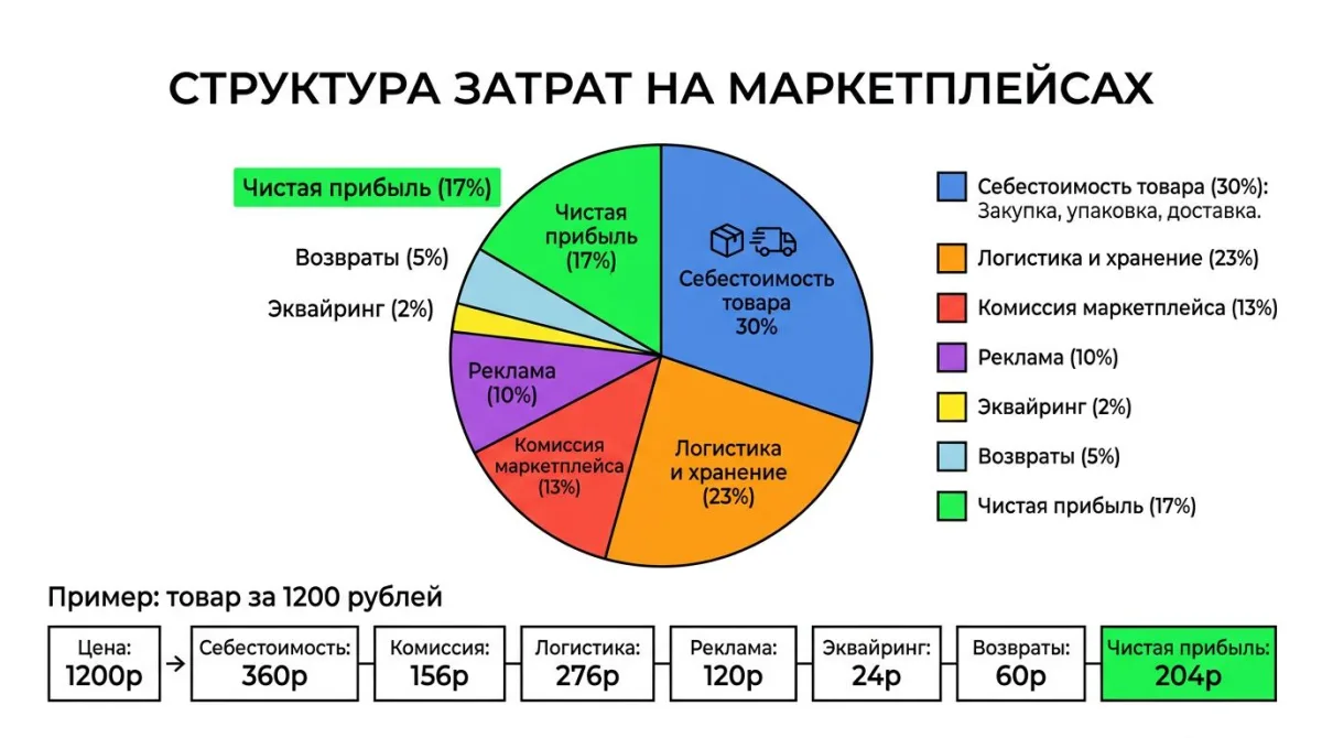 Структура затрат на маркетплейсах: Себестоимость 30%, Комиссия МП 13%, Логистика 23%, Реклама 10%, Чистая прибыль 17%